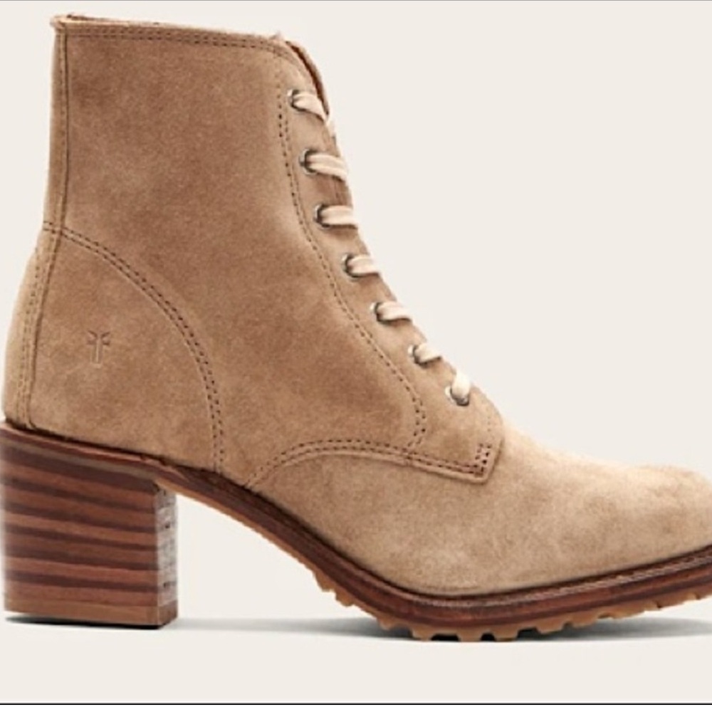 Frye Tan Lace Up Boots with Suede Material and Stacked Heel